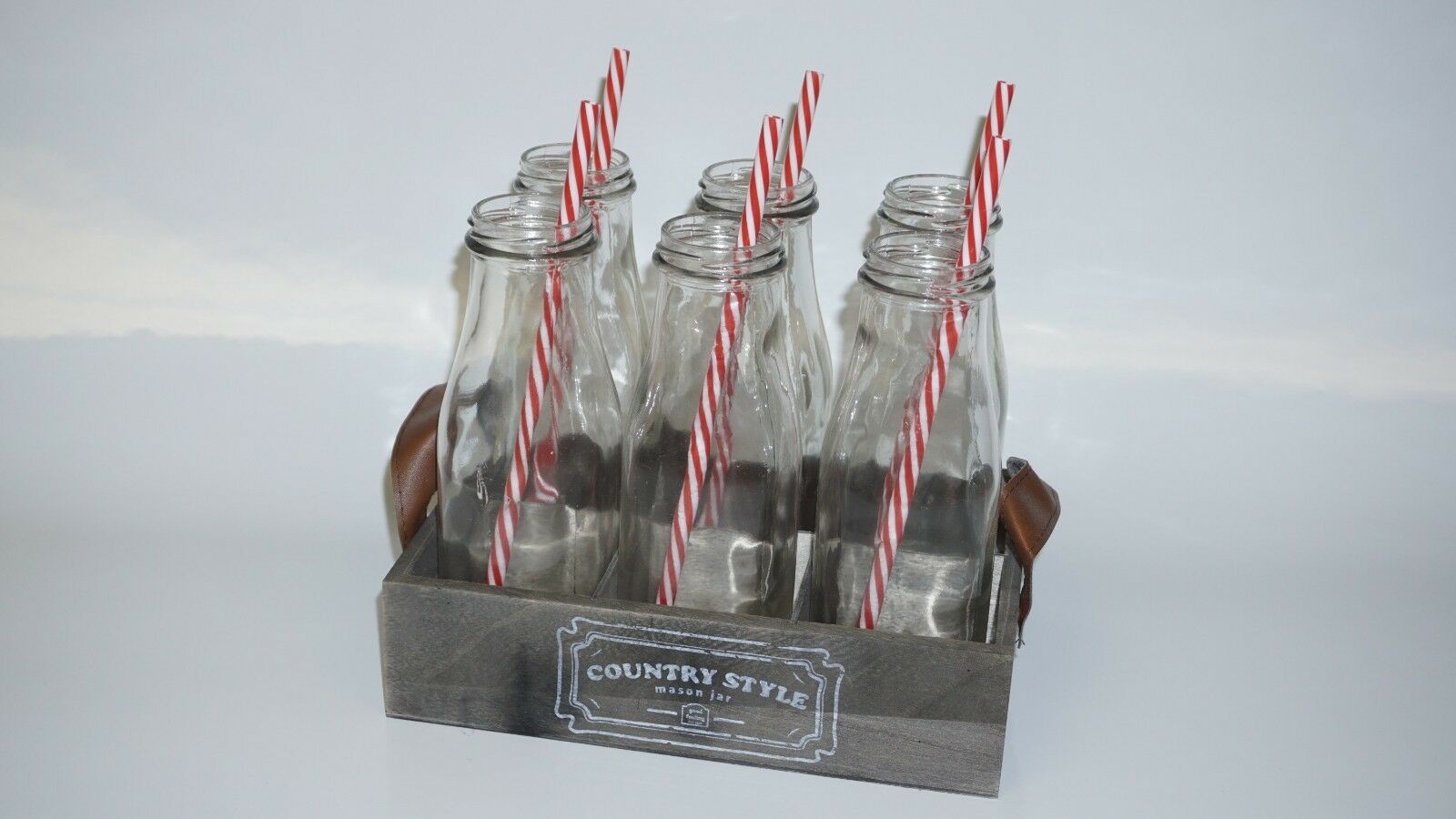 "country Style" Wooden Milk Carrier W/ "6" Glass Bottles