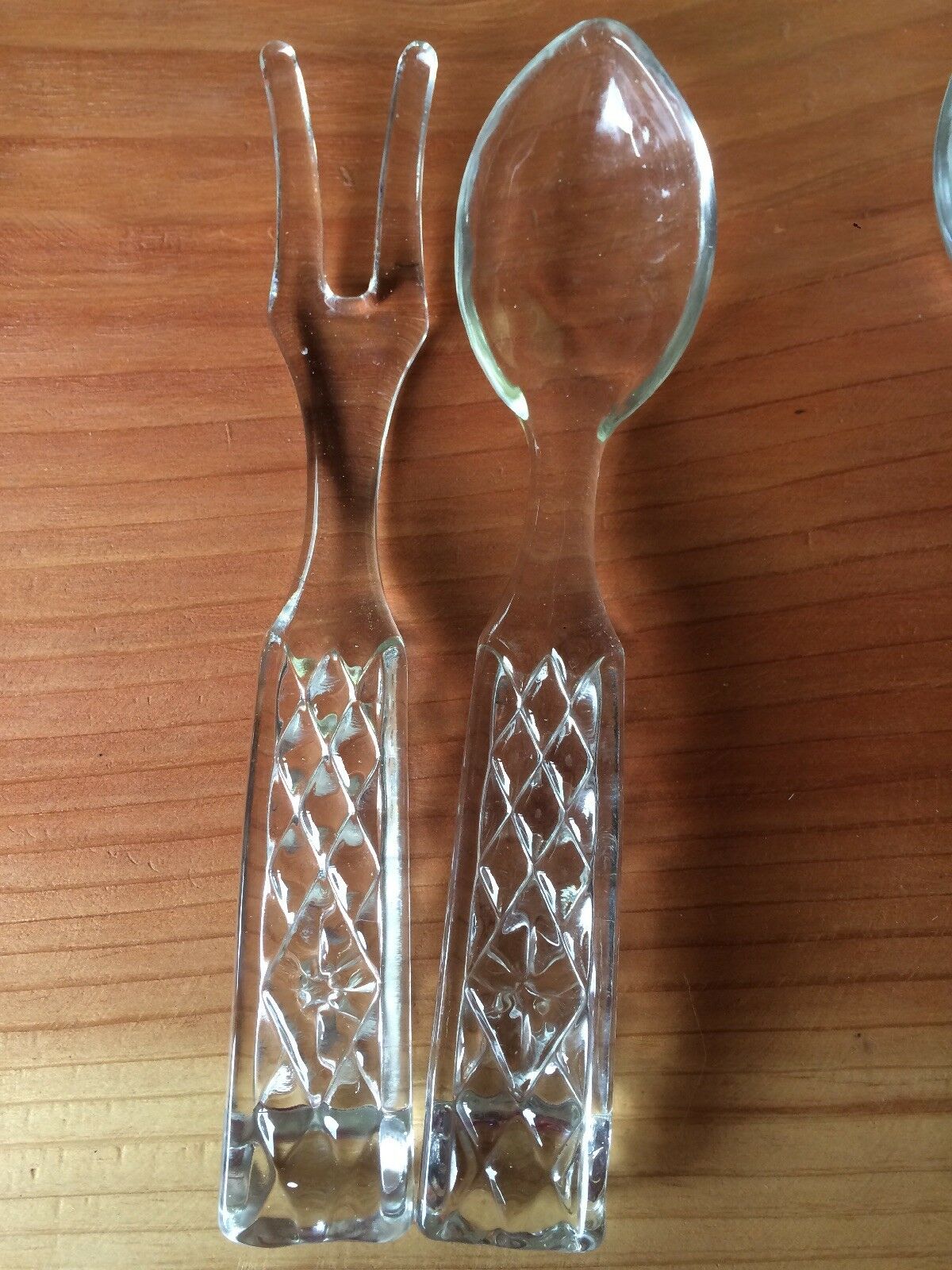 Choose Pair Of Vintage Glass Fork & Spoon Salad Servers Quilted Pattern Handles