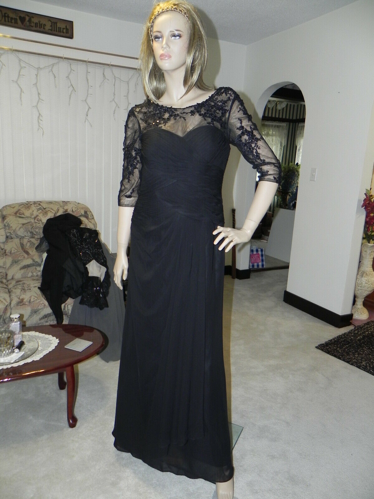 New: Mother Of Bride/groom Dress. Black Size 12 Floor Length 1/2 Sleeves Chiffon
