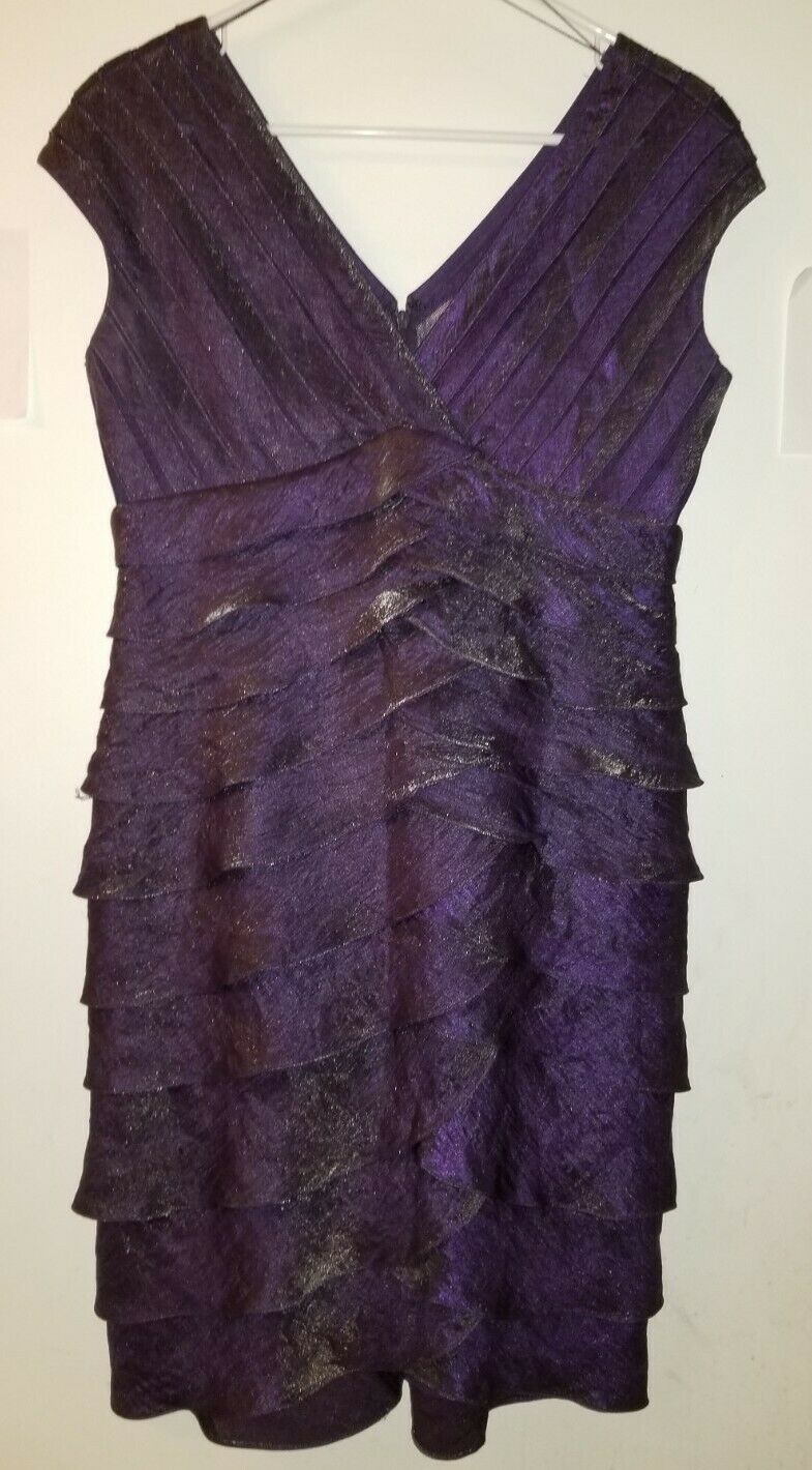 Adrianna Papell Evening Cocktail Dress Purple Shimmering Layered Ruffles Sz. 10p